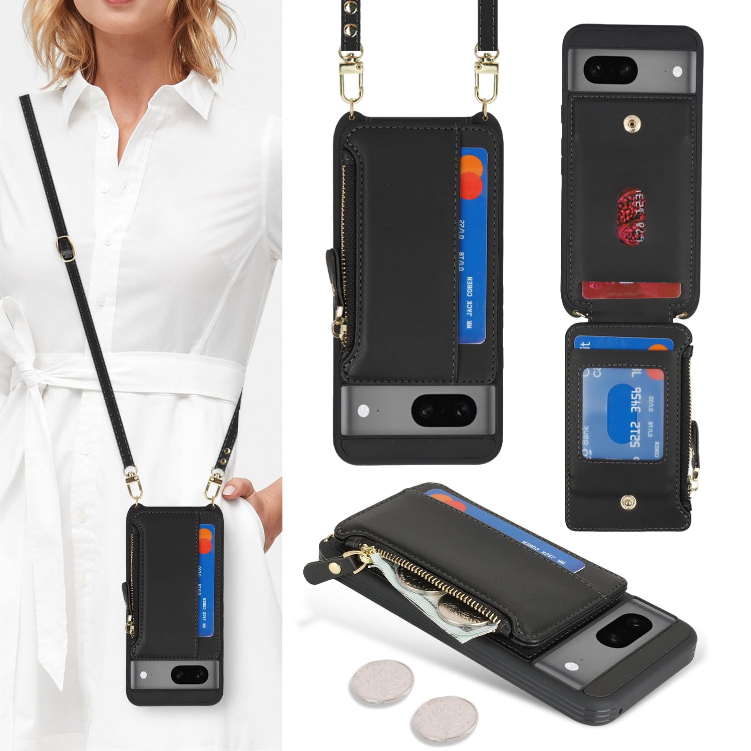 SailorTech for Google Pixel 7 Phone Case with Credit Card Holder for Women, Google Pixel 7 Leather Case Wallet Crossbody with Card Slots Zipper Shockproof Case for Men-Black — image 1