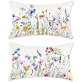 TAJWE Spring Pillow Covers 12x20 Inch Set of 2 Wild Flowers Decorative Pillowcases Farmhouse Summer Seasonal Floral Lumbar Cushion Cases for Sofa Couch Home Decor