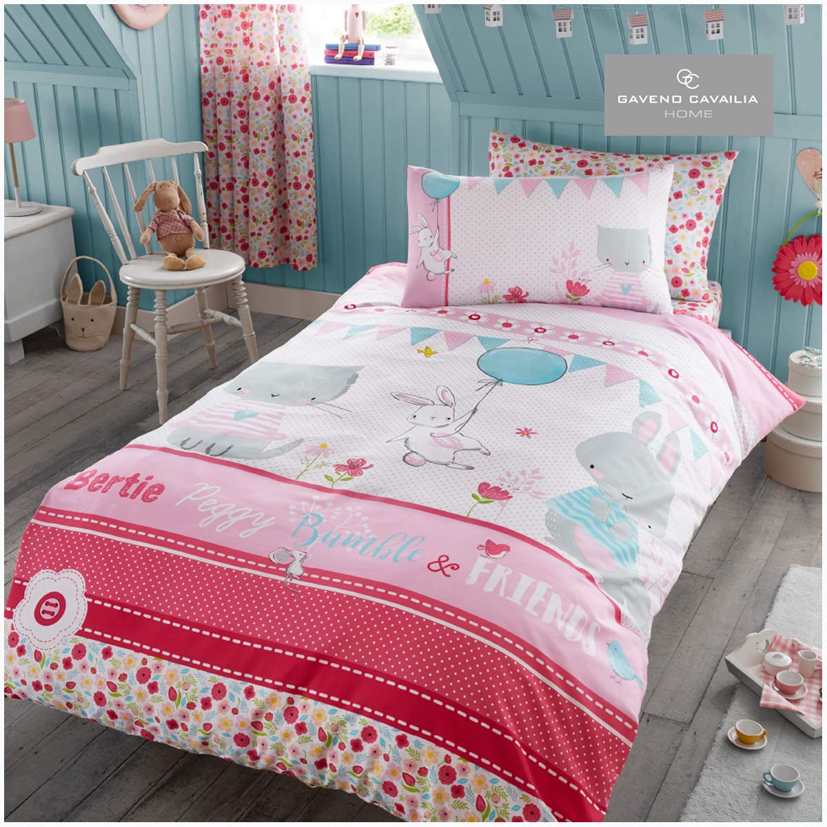 GC GAVENO CAVAILIA Character Kids Bedding, 2 Piece Printed Reversible Duvet Bedlinen Easy Care Bedset, Bertie&Friends-Multi-DS, 1 Quilt Cover and 1 Matching Pillow Case