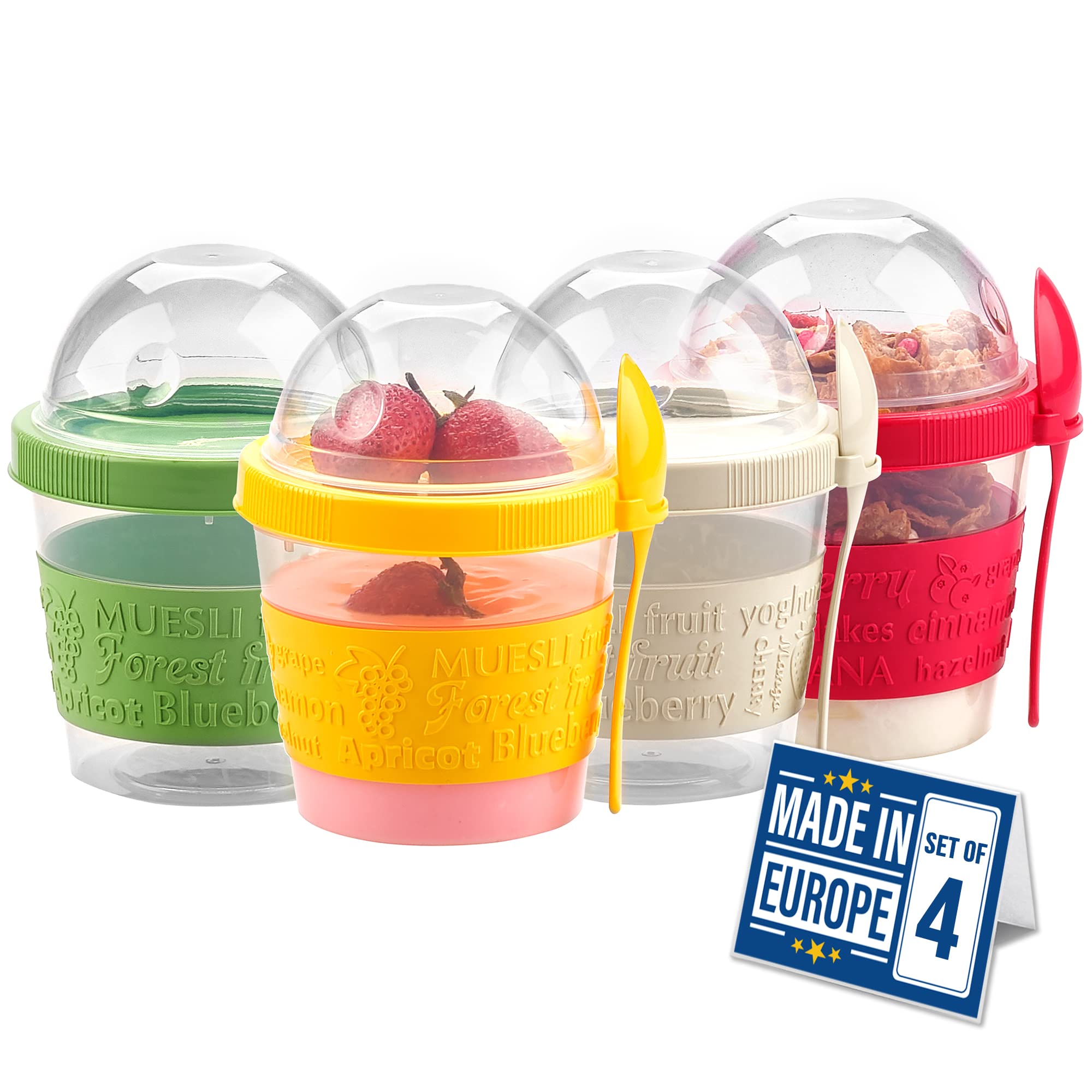 Crystalia Reusable Yogurt Cups with Lids Set of 4 500ml BPA Free Breakfast On The Go Travel Container, Dishwasher Safe Fruit Container with Screw Lid, Yoghurt Pots Overnight Oats Jar, Parfait Cups