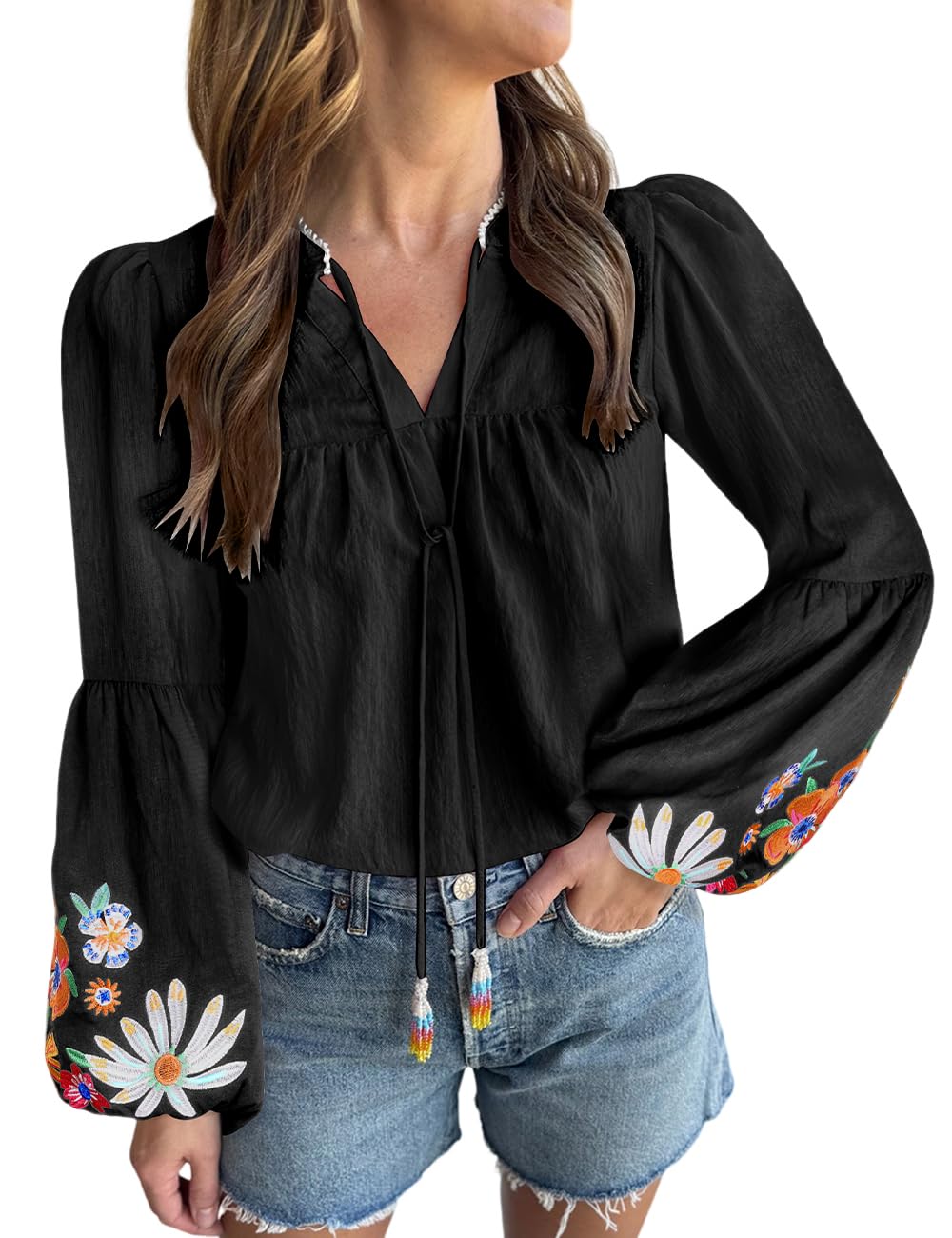 Women's Casual Floral Embroidered V Neck Boho Puff Long Sleeve Shirts Loose Tunic Summer Blouses Tops Fashion Clothes 2025 Black L Image