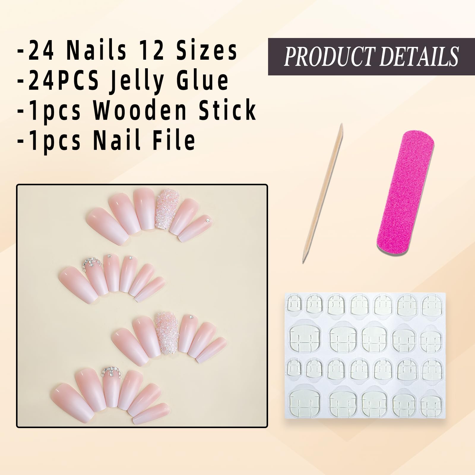 Jremg Pink Press on Nails Long Square Coffin Fake Nails Pink White Ombre Full Cover Acrylic Nails Glossy Gradient False Nails with Design Rhinestone Stick on Nails for Women Girls Manicure 24Pcs - Image 6