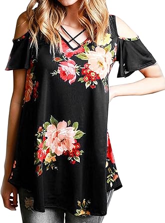 black floral cold shoulder top