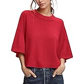 ZDC Women's Oversized Sweaters Summer 3/4 Sleeve Casual Cropped Tops Lightweight Loose Fit Knit Pullover