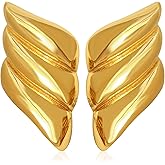 QUPENGXU Chunky Gold Earrings Big Shell Wings Textured Dome Drop Earrings Gold Statement Earrings Trendy for Women Lightweight Dainty Vintage