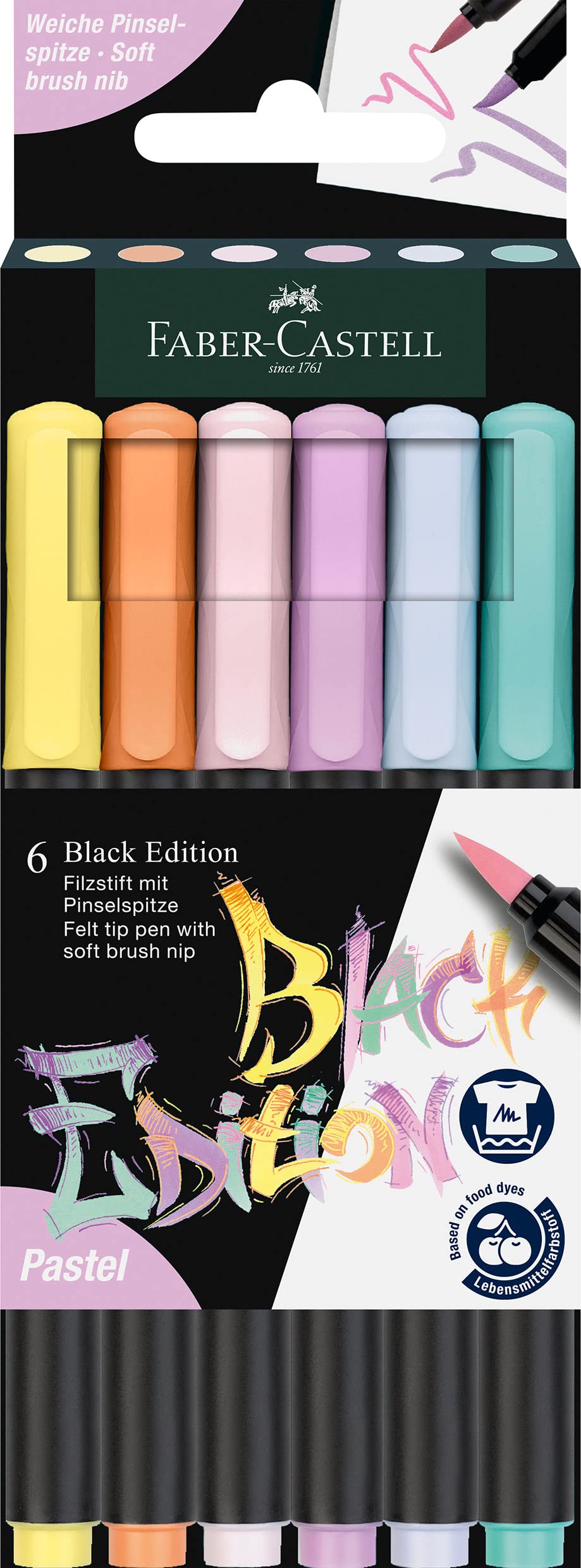 Faber-Castell Brush Pen Black Edition - Pastel Colours - Cardboard Box of 6
