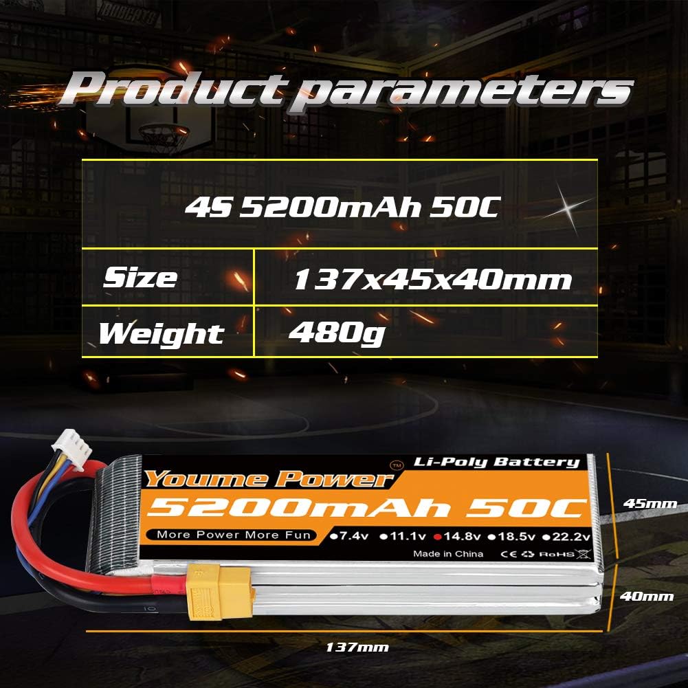 Youme 4s lipo Battery 5200mAh, 14.8v Lipo Battery 50C XT60 and Deans T Connector for RC Car RC Truck, RC Truggy - Image 5