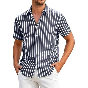 Fhstroonace Mens Striped Button Down Shirt Short Sleeve Casual | Vertical Stripes, Button Front, Point Collar, Straight Hem,
