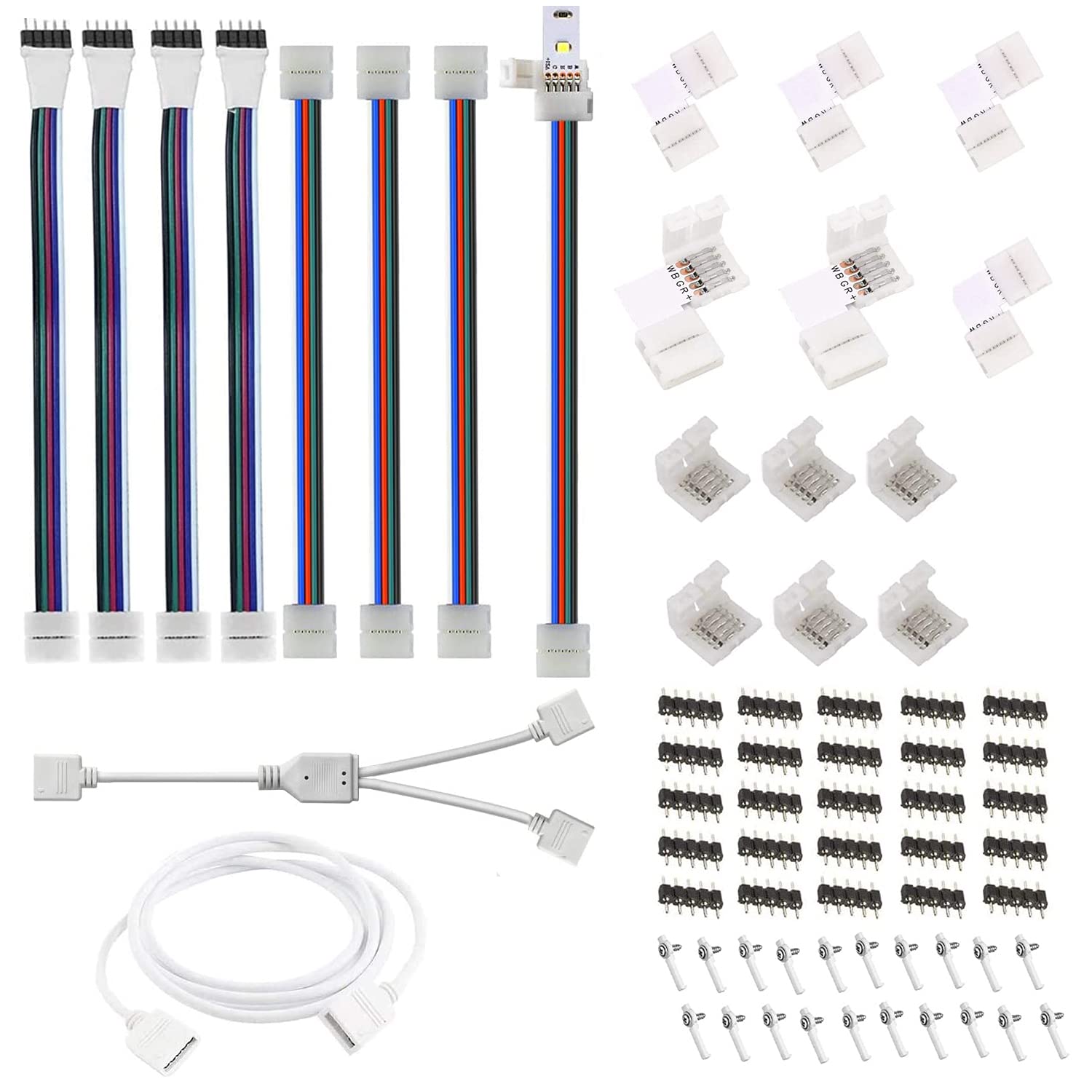 5 Pin LED Connector Kit for LED Strip Lights 5050 RGBW 12mm with 5 Pin Connector L-Shape Corner Connector, Cable, Direct Use Without Welding 5 Pin Extension Cable, Provides Most Parts for DIY