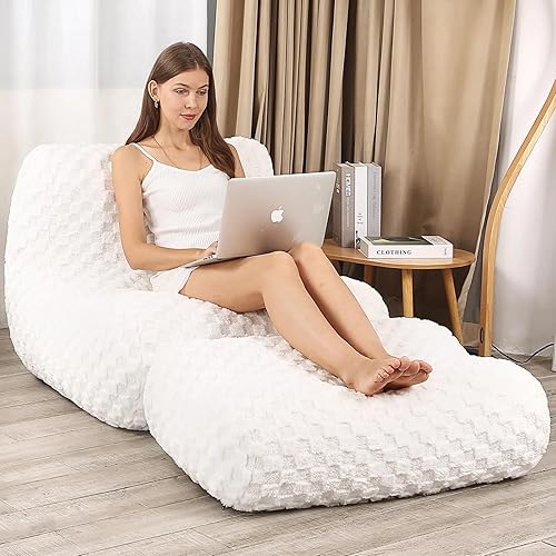 LOVMOC Bean Bag Chair with Footstool, Comfy Reading Sofa Chair for Adults, Modern Floor Sofa for Livingroom, Bedroom, Cream