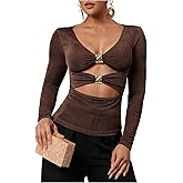 SOLY HUX Women's V Neck Cut Out T Shirt Long Sleeve Ruched Tee Slim Fitted Going Out Tops