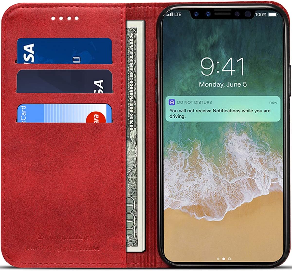 Wallet Case Compatible 2018 iPhone Xs/ 2017 iPhone X, PU Leather Wallet Case Folio Flip Cover, Red, 5.8 inches