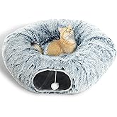 AUOON Cat Tunnel Bed for Indoor Cats - Large Cat Donut Tunnel with Hanging Ball Toy, Collapsible 2-in-1 Multifunctional Inter
