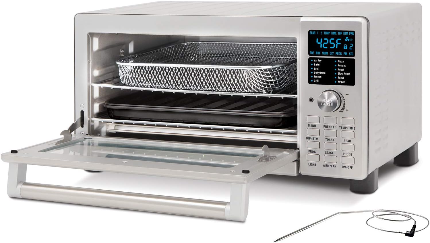 NUWAVE BRAVO XL 1800-Watt Convection Oven with Crisping and Flavor Infusion Technology (FIT) with Integrated Digital Temperature Probe for Perfect Results; 12 Programmed Presets; 3 Fan Speeds; 5-Quartz Heating Elements; Precision Temperature Control from 100F to 450F in 5F increments; Cook up to a 10 LB. Chicken, 13 inch Pizza, or 9 Slices of Toast; Air