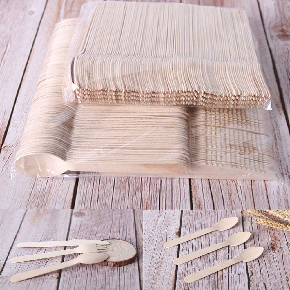 Tukcherry Coutellerie en Bois Jetable, 90 Pcs Ustensiles Biodégradables écologiques pour fête, Anniversaire, Camping, Pique-Nique, Barbecue (30 fourchettes en Bois, 30 Couteaux, 30 Cuillère)