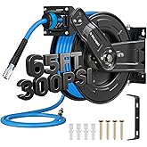 Relhost Retractable Air Hose Reel, 65 ft x 3/8 in Hybrid Air Hose Max 300PSI, Heavy Duty Air Compressor Hose Reel with Dual Arms, Auto Rewind, 180° Swivel Ceiling/Wall Mount for Garages, Workshops