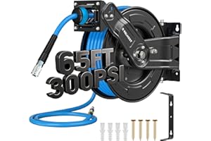Relhost Retractable Air Hose Reel, 65 ft x 3/8 in Hybrid Air Hose Max 300PSI, Heavy Duty Air Compressor Hose Reel with Dual Arms, Auto Rewind, 180° Swivel Ceiling/Wall Mount for Garages, Workshops