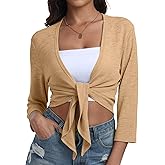 PrinStory Women's Tie Front Shrug 3/4 Sleeve Bolero Cardigan Lightweight Summer Casual Short Shawl Top S-4XL