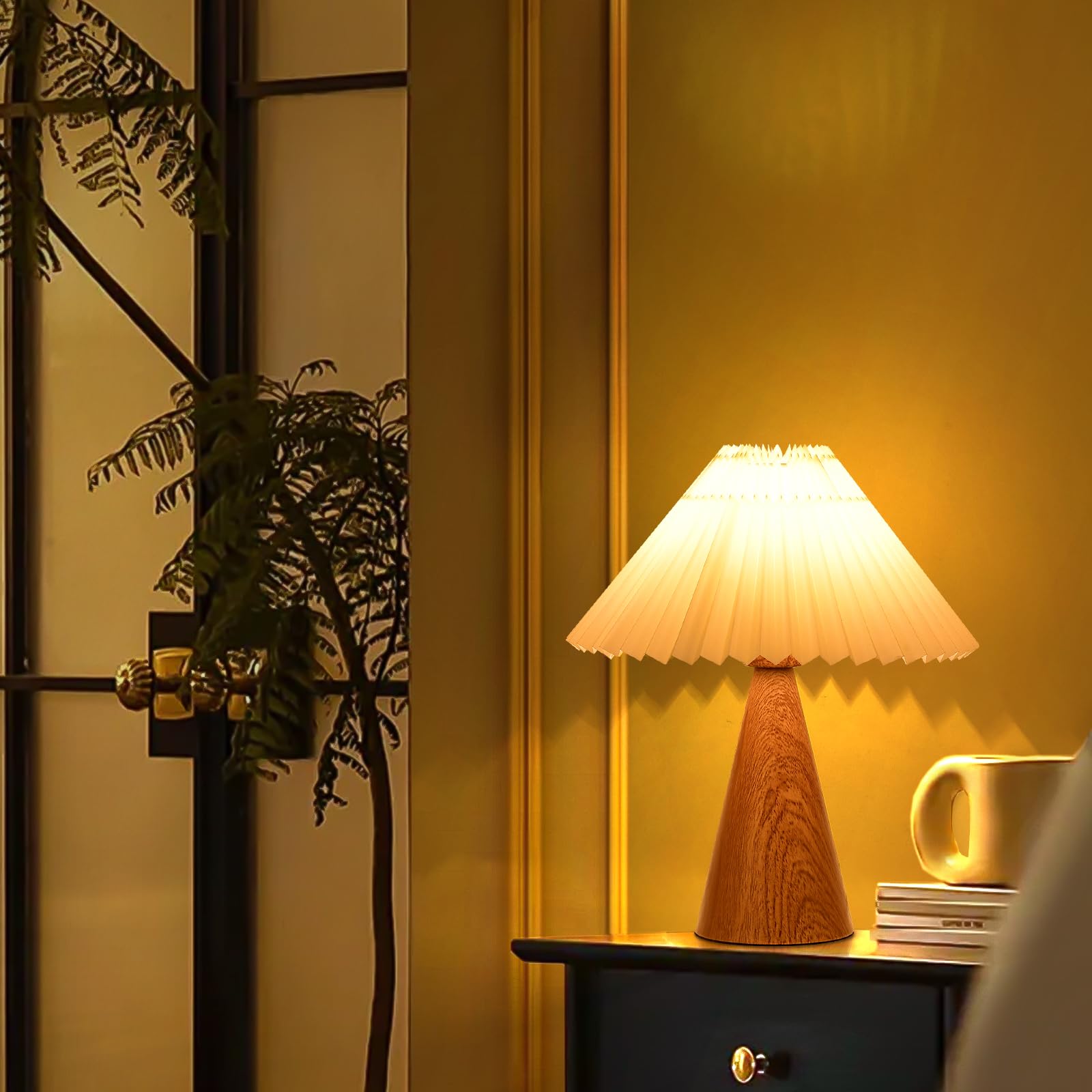 Photo 1 of Ziqqeelam Wood Grain Small Table Lamp, Cute Table Lamp, Pleated Table Lamp, Wooden Bedroom Lamps for Nightstand, Small Scalloped Lamp Shade Table Lamps for Small Spaces for Bedroom,Living Room