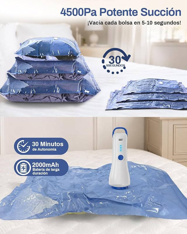 Sacos de Vácuo Roupa com Bomba de Vácuo Elétrica sem Fios, contendo 16 Sacos de Vácuo (3 * 74 x 54 cm, 5 * 64 x 47 cm, 8 * 50 x 40 cm), Adequados para Viagens, Mudanças e Armazenamento