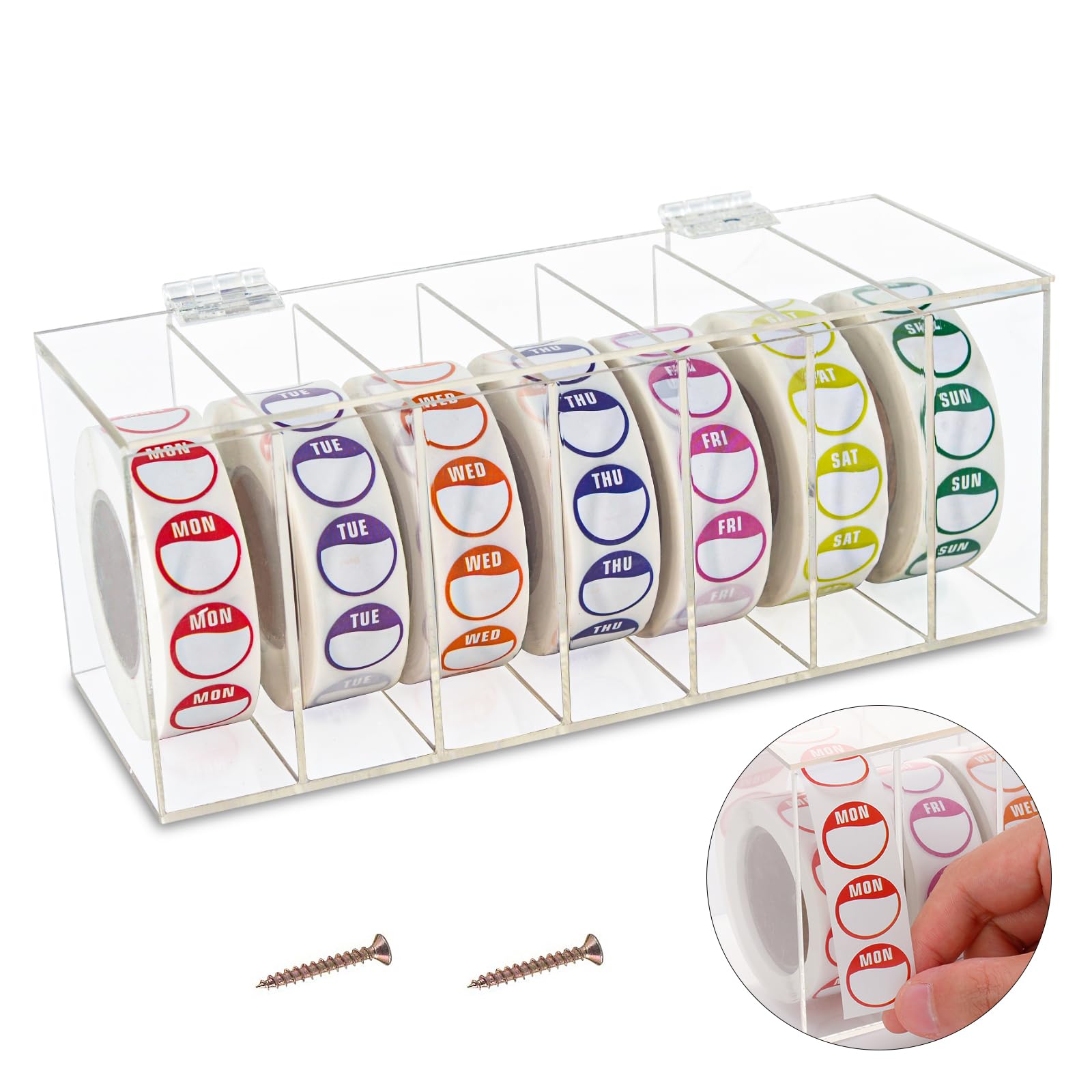 Photo 1 of Acrylic Day of The Week Covered Label Dispenser 7-Slot Dispenser Day of The Week Label Dispenser Wall Mount Sticker Roll Dispenser for 1",3/4"Day of The Week Stickers 1 Inch Label Dispenser (No Label)