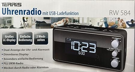 TERRIS-RW-584-Uhrenradio-mit-USB-Radio-grosses-dimmbares-LC-Display-PLL-UKW-Radio