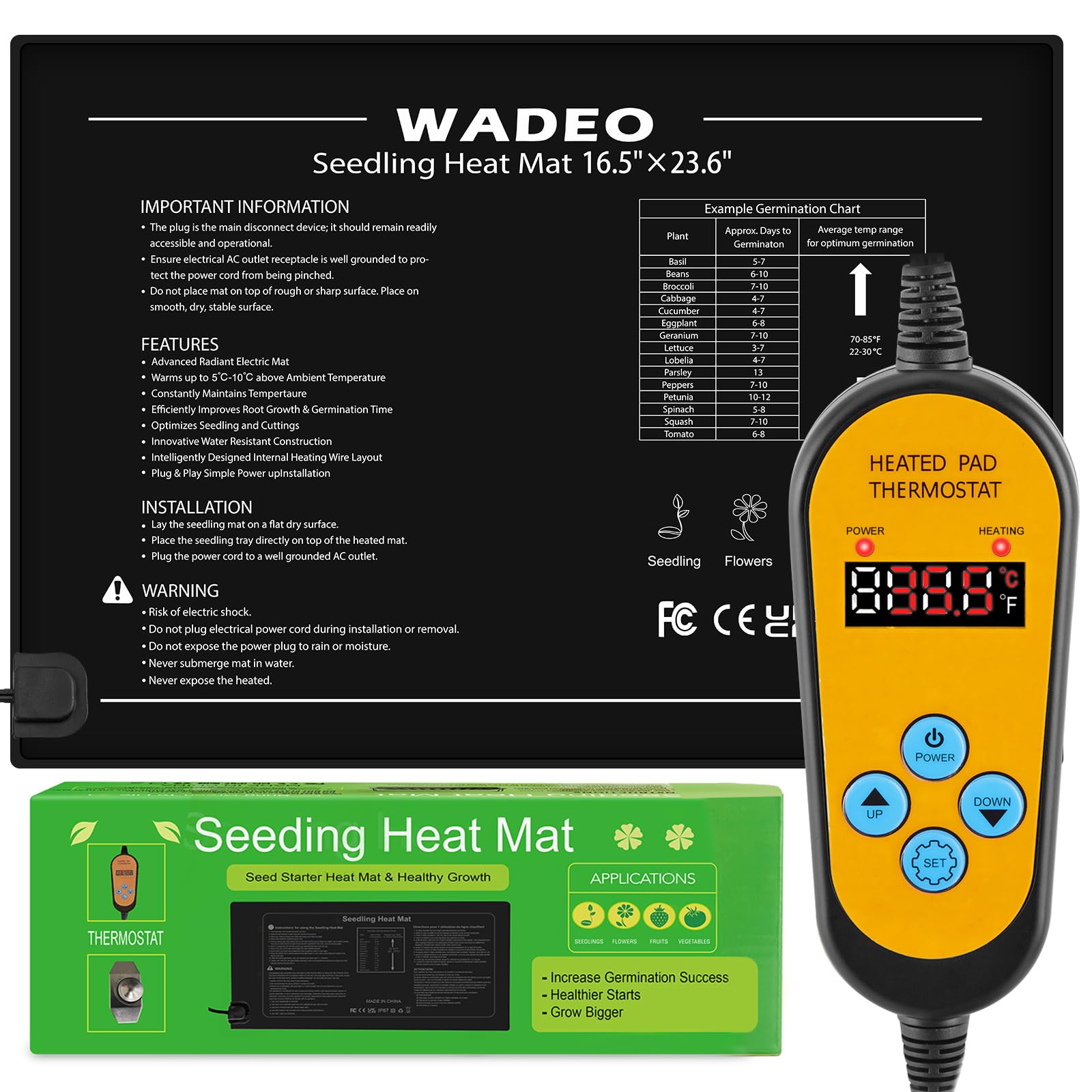 WADEO Heat Mat for Plants, [60x42cm Large][50W] Seedling Heat Mat with Thermostat 5 to 45°C, Waterproof & Durable Plant Heat Mat, Heated Propagator for Seedling Germination, Mushroom, Reptile