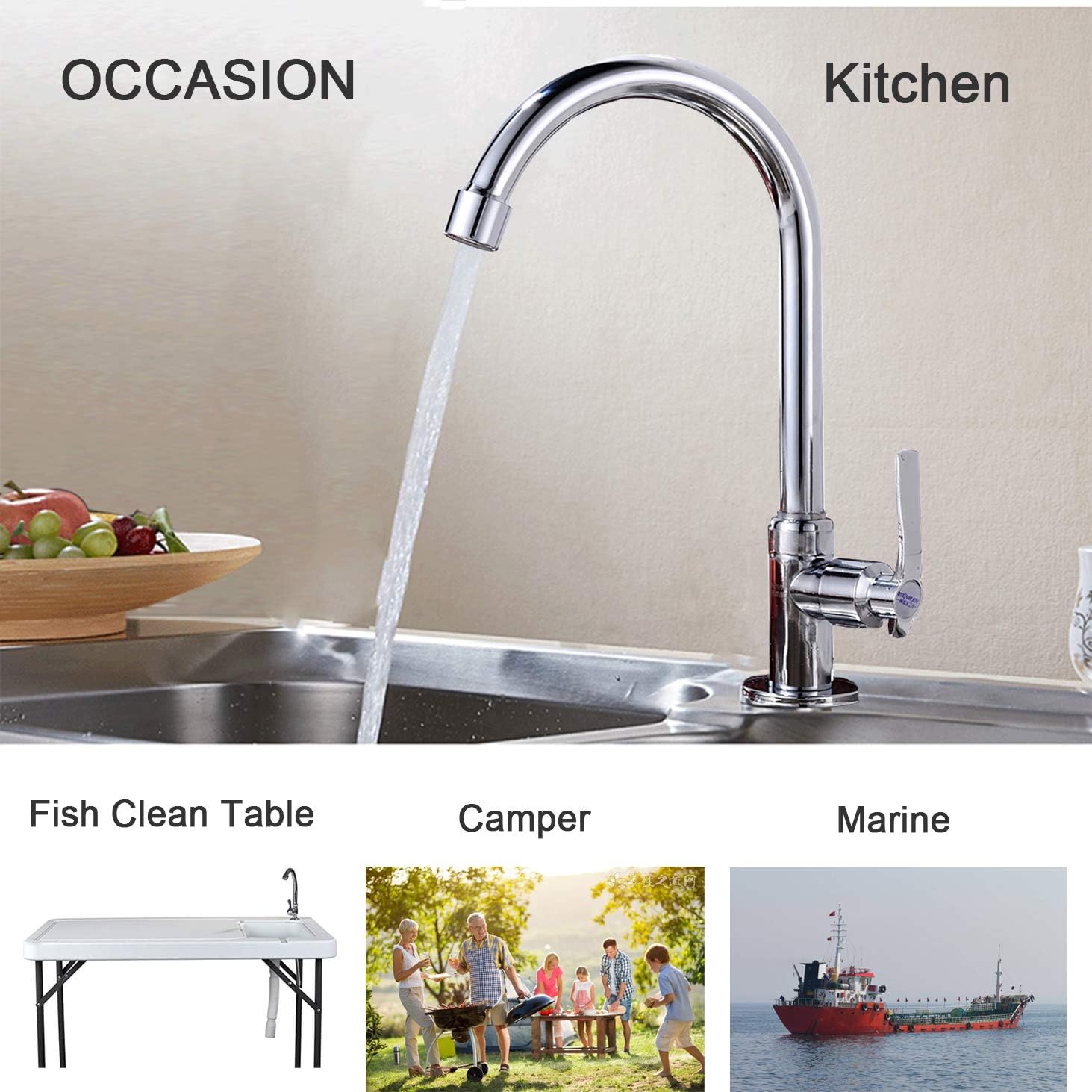 Cold Water Sink Faucet Single Handle One Hole High Arc Deck Mount Stainless Steel Bar Faucet for Kitchen Garden Outdoor Boat Camper Easy Install Chrome - - 