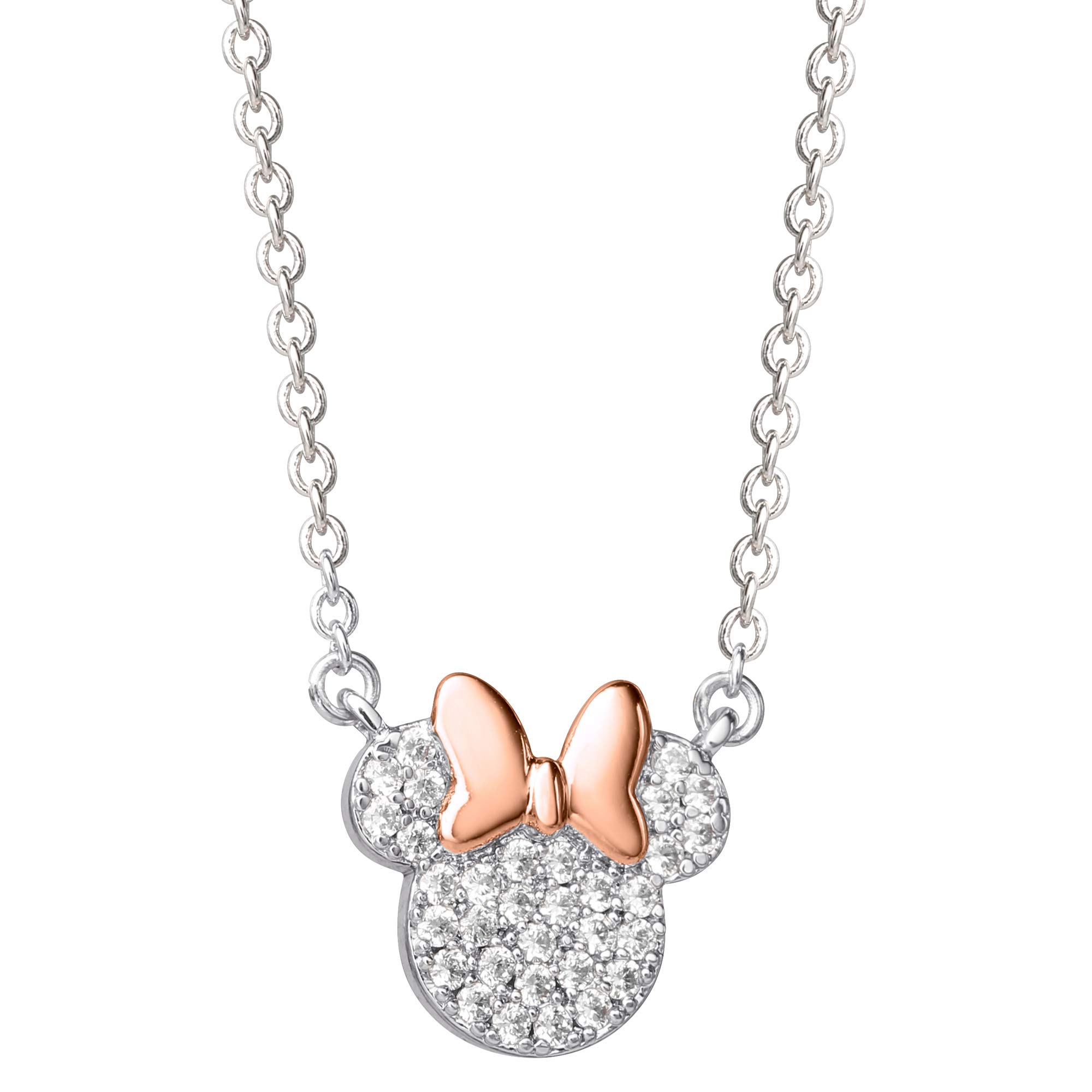 Disney Jewelry, Minnie Mouse Cubic Zirconia Pendant Necklace, Silver Plated, Pink Plated, 16+2