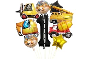 Construction Vehicle Number 1 Balloon Bouquet Set (1-9 Variants) - Excavator & Truck Foil Balloons for 1 Year Old Boy Birthda