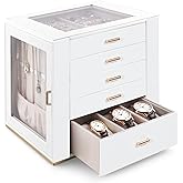GUOER Jewelry Box 5 Layer for Women, Glass Lid Jewelry Organizer with 5 Drawers for Necklaces Rings Earrings Bracelets, Functional PU Leather Jewelry Storage Case Holder (White)