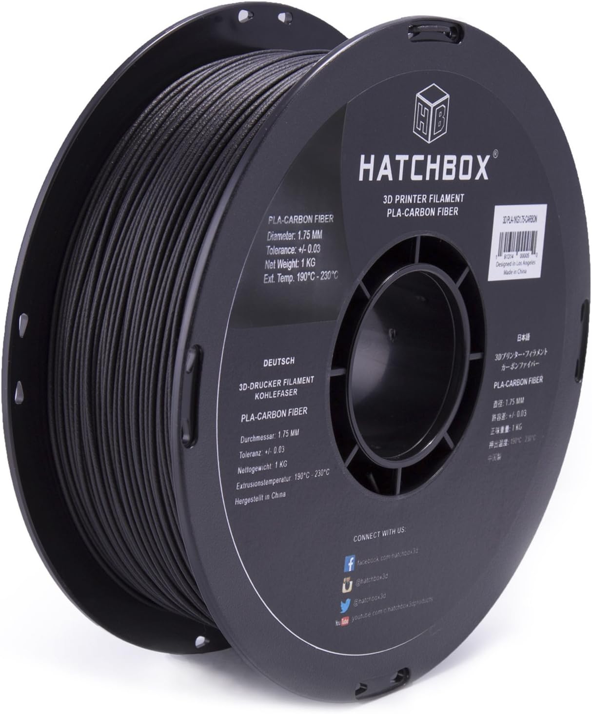 HATCHBOXPLA 3D Printer Filament, Dimension Accuracy +/- 0.03 mm, 1kg Spool, 1.75 mm, Carbon