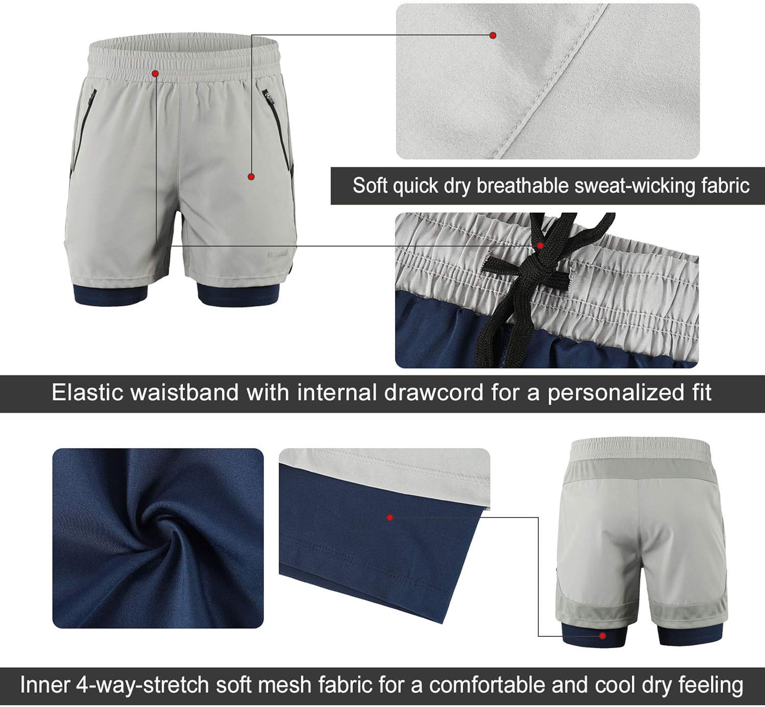 ARSUXEO Men's 2 in 1 Active Running Shorts with 2 Zipper Pockets B191: Clothing