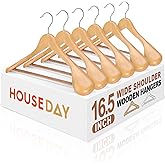 HOUSE DAY Wooden Suit Hangers 6 Pack，Heavy Duty Wide Shoulder Wooden Hangers, Solid Wood Coat Hanger with Non-Slip Pant Bar for Petite Adults, Teens and Small Suits, Coats, Jackets (Natural，16.5'')