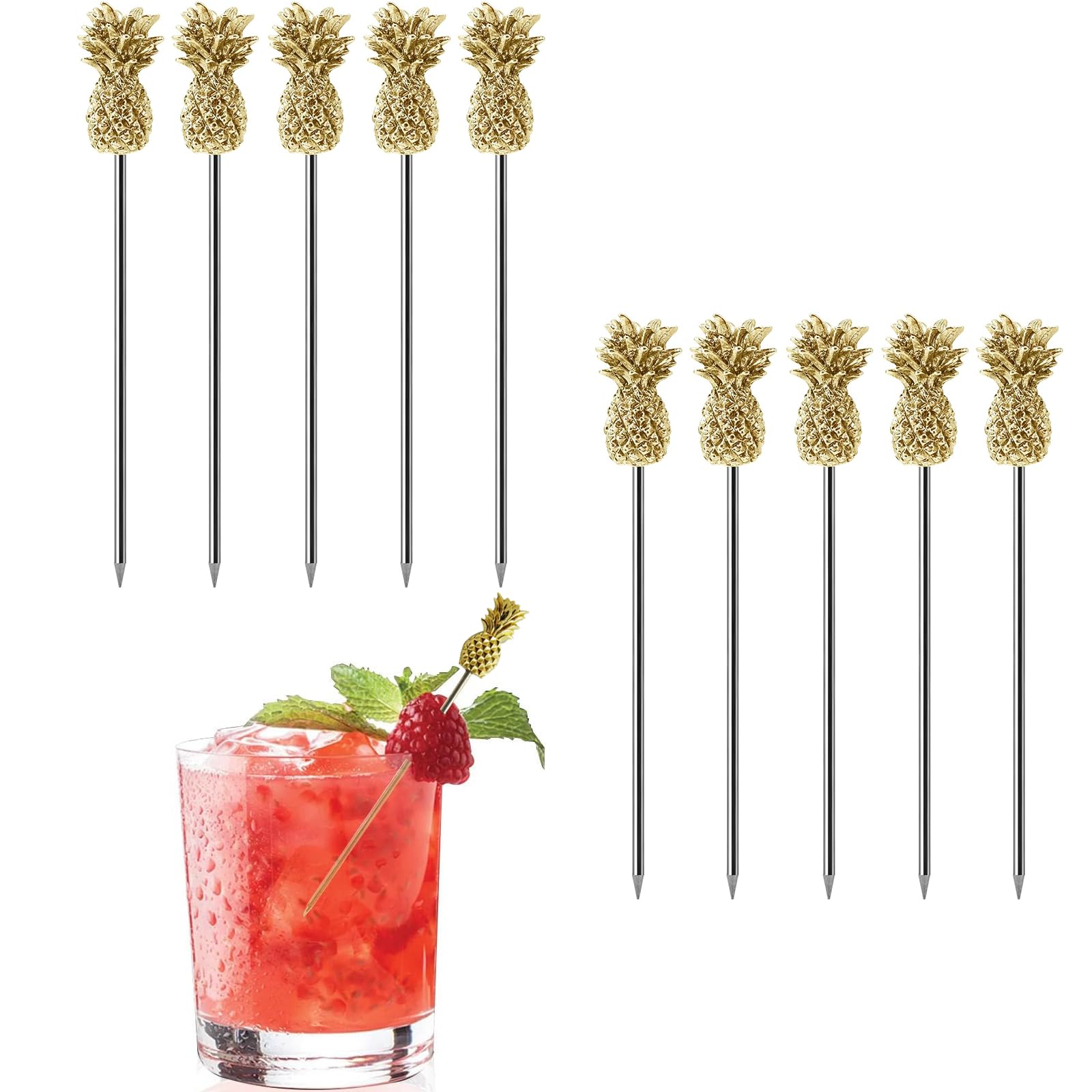Vokowin 10pcs Cocktail Picks, Stainless Steel Cocktail Sticks Reusable Cocktail Sticks Martini Picks Stainless Steel Reusable with Pineapple Tops Gold (K340-10）
