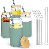 Icesip 20 oz Glass Cups with Lids and Straws Iced Coffee Glasses with Silicone Protective Sleeve Drinking Glasses Set of 4 for Juice Beer Soda(Green*4)