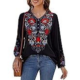 St.Lareina Womens Embroidered Tops Fall Shirts Long Sleeve Casual Mexican Blouses Loose Peasant Tunic Trendy Clothes