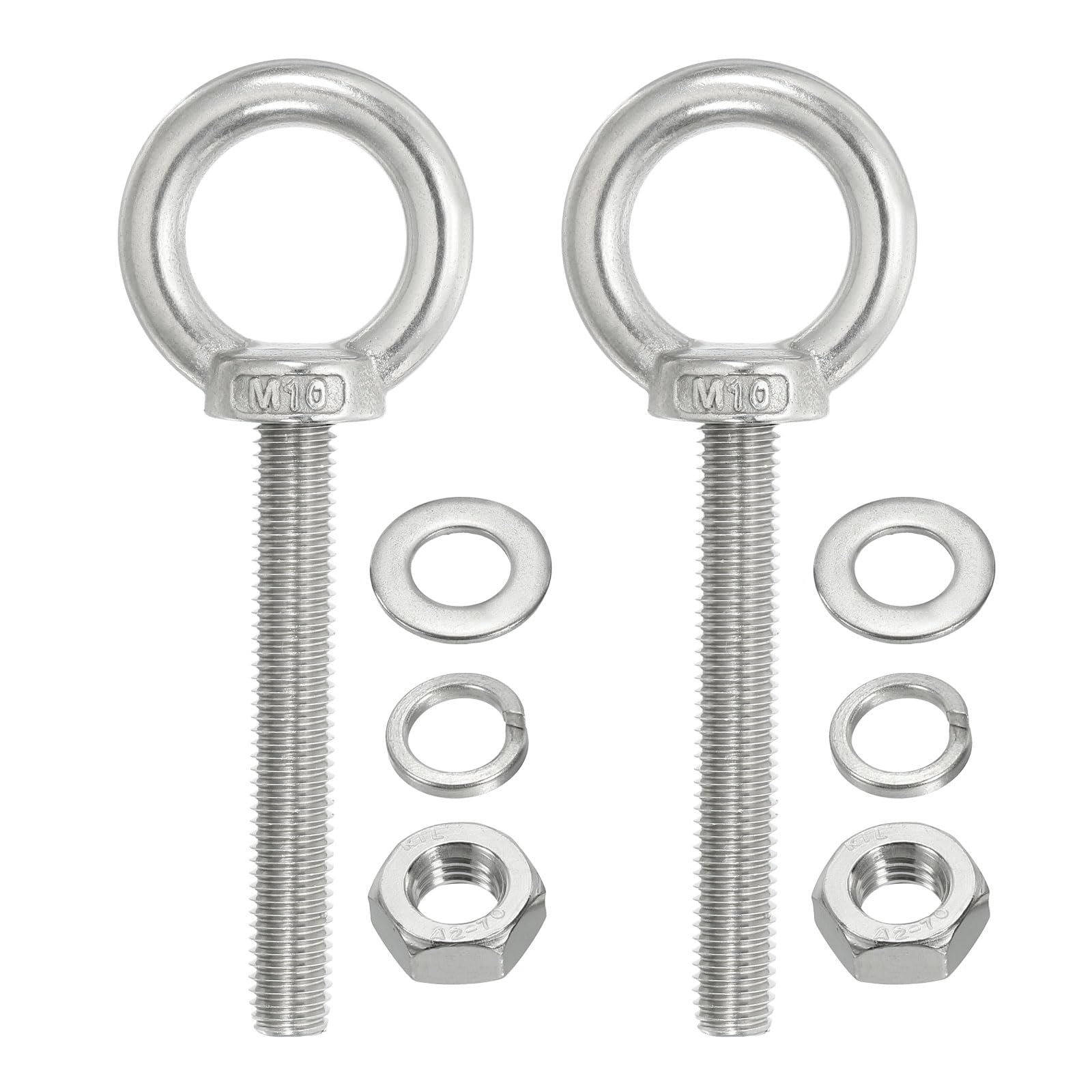 PATIKIL M10 x 70mm Lifting Shoulder Eye Bolt, 2Pcs 304 Stainless Steel Lifting Ring Threaded Eyebolt with Nuts Washers for Hanging Hammocks Articles
