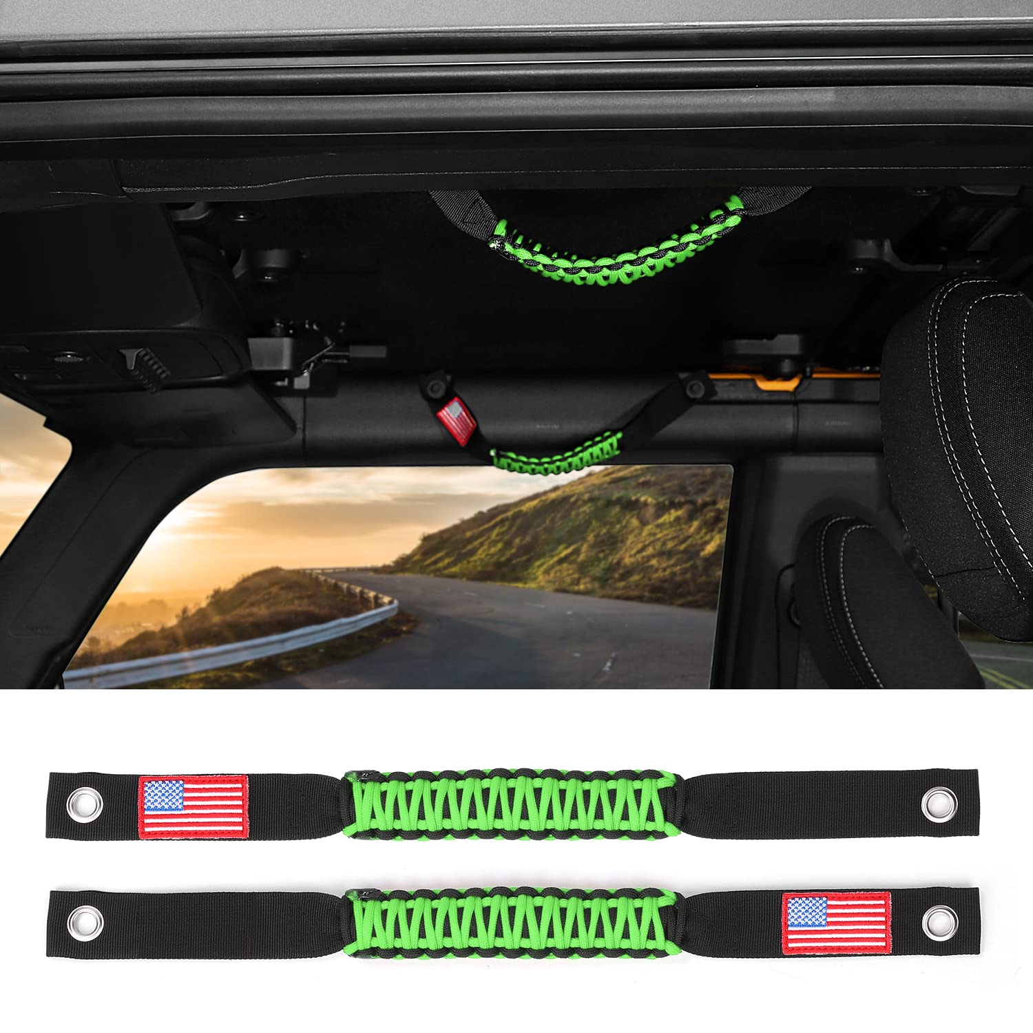 Photo 1 of RAZPOY for Bronco Roll Bar Grab Handles Premium Paracord Grips Handle for Ford Bronco Accessories 2021 2022, USA Flag(2 Pack, Green)