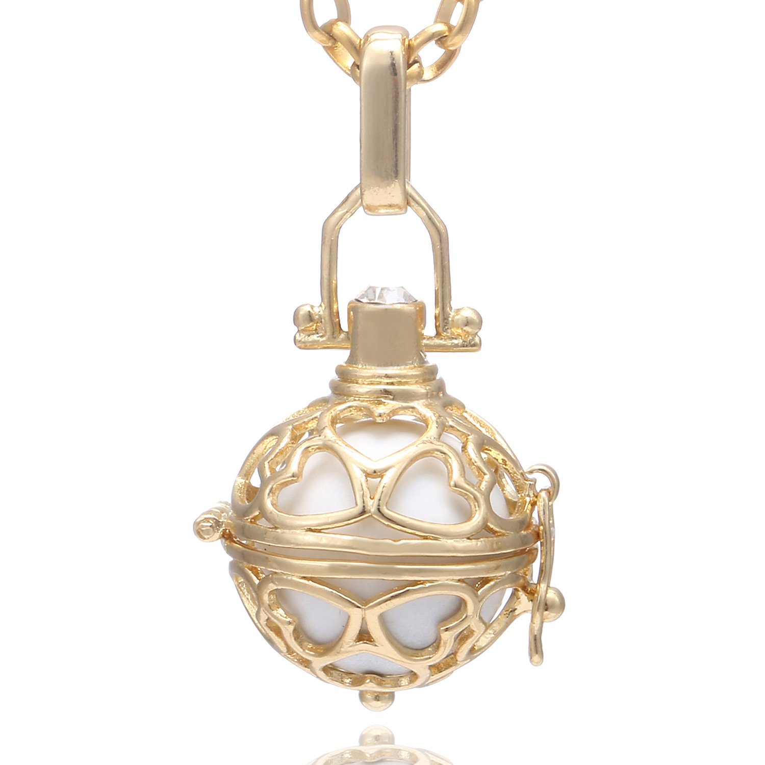 Morella Women Necklace Stainless Steel Gold 70 cm 27,5" with Heart Pendant with Sound Ball White Ø 16 mm 0,63" in a Velvet Jewelry Bag