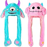 YC JILAI 2 Pack Ear Moving Monster Hat Plush Animal Ears Jumping up Hat Two Style Halloween Christmas Cosplay Novelty Party Cap for Adult Women Kids,Pink and Blue Color