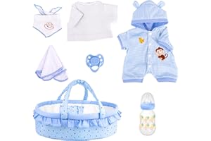Aori Reborn Baby Dolls Outfit Set with Bassinet Accessories 7 Pieces - Realistic Babies Carrier Bed and Clothes for 16-18 Inch Newborn Lifelike Reborn Doll, Blue