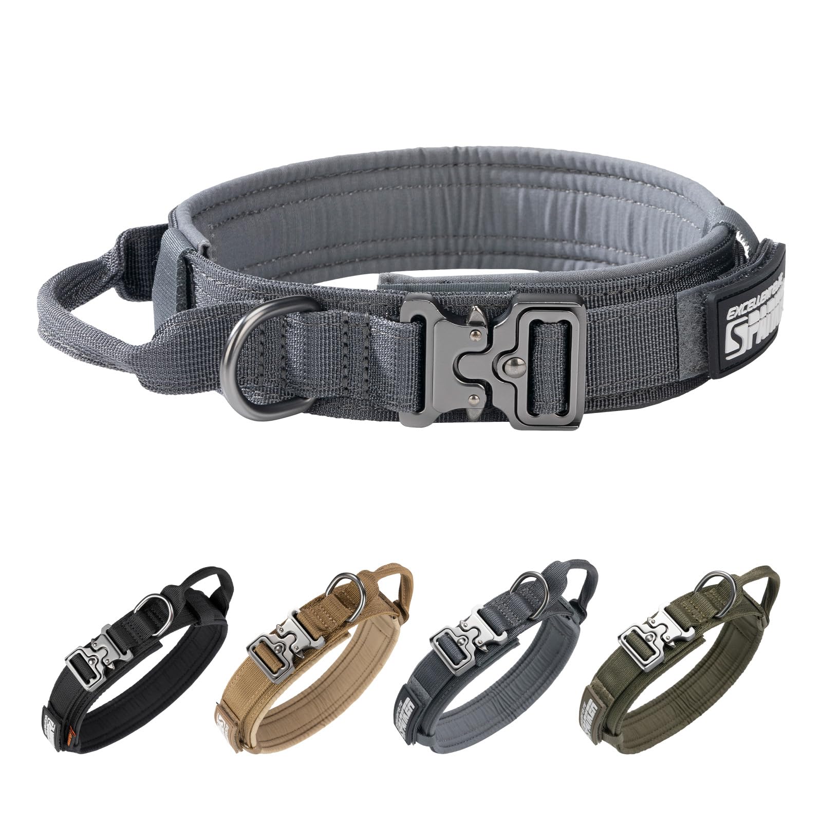 EXCELLENT ELITE SPANKER Tactical Dog Collar Nylon Adjustable Training Collar Military Dog Collar Heavy Duty Metal Buckle with Control Handle for Medium and Large Dogs with Patches(GRY-XL)