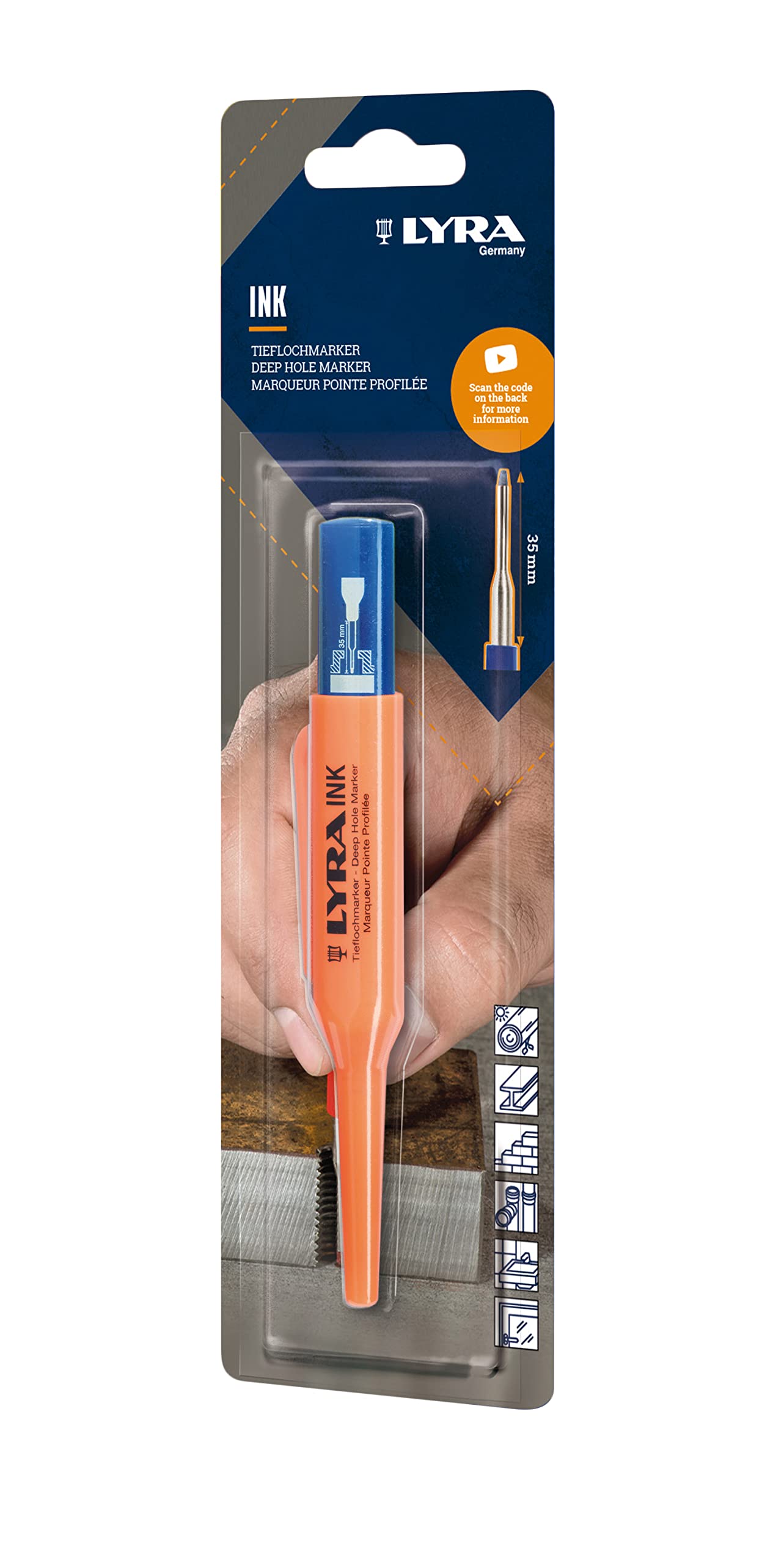 Lyra Ink Deep Hole Marker Blue 1 Piece Marker for All Surfaces (Wood, Metal, etc.) Lead Shaft 35mm Long - 4488002