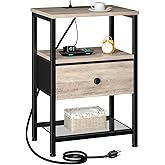 LOAKEKEL Nightstand with Charging Station, End Table with Fabric Drawer, Night Stand for Bedroom, Small Bed Side Table with USB Ports and Outlets for Living Room, Grey, HETS010GY-1