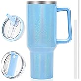 QDXMD 40 oz Tumbler with Handle and Flip Straw Lid, Vacuum Insulated Leak Proof Double Walled Stainless Steel Glitter Travel Mug Tumblers, Maintains Cold Ice and Heat for Hours(Blue)