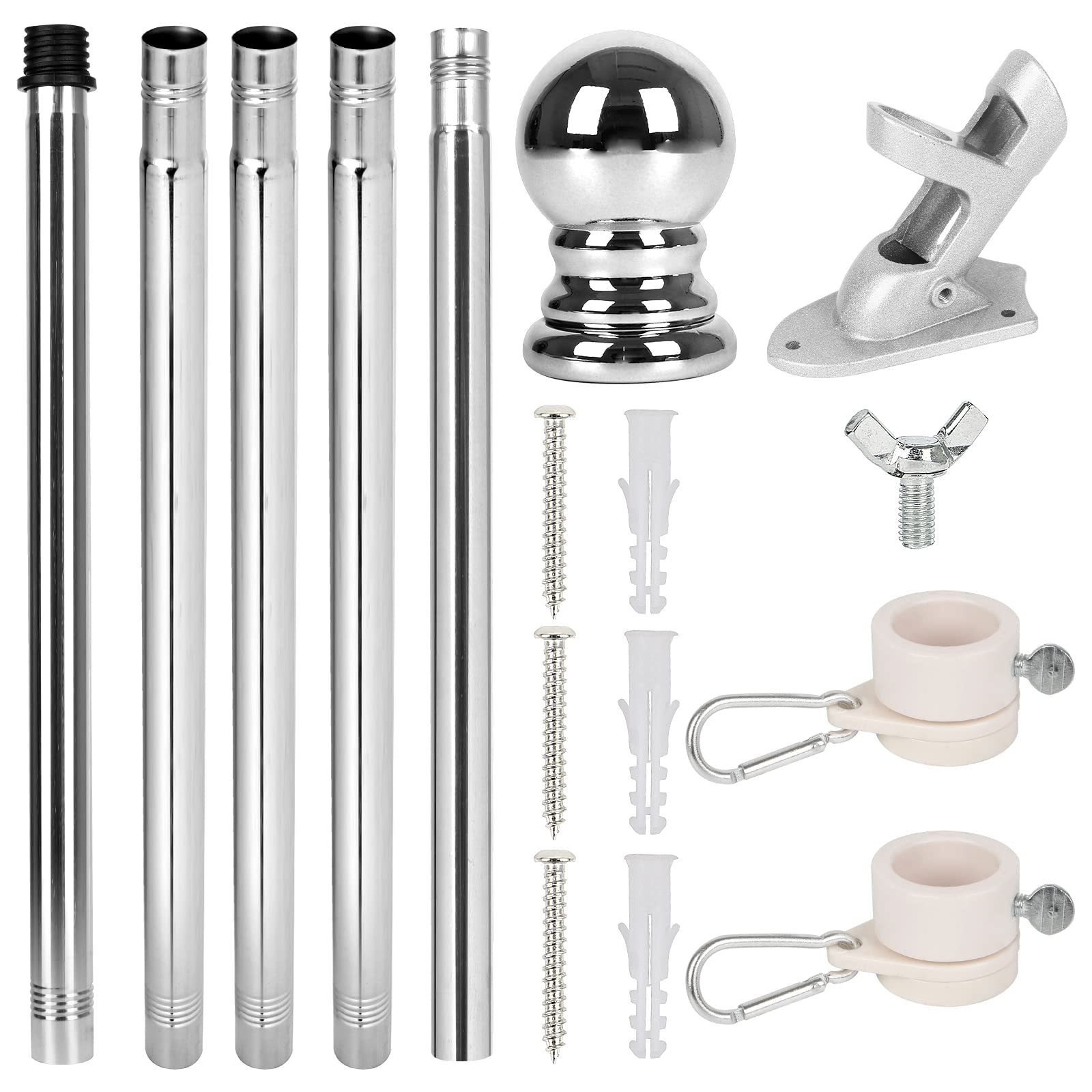 WMLBK Flag Pole Kit, 1.8m Stainless Steel Garden Flag Pole, Adjustable Length Flagpole with Bracket and Rotating Rings, Wall Mounted Flag for House, Outdoor Yard Residential Commercial Use (Silver)