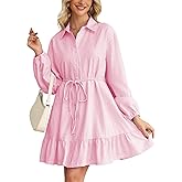 YEXPINE Women Striped Shirt Mini Dress Long Sleeve Button Down Lapel Collared Ruffle Hem Tunic Belted Dresses