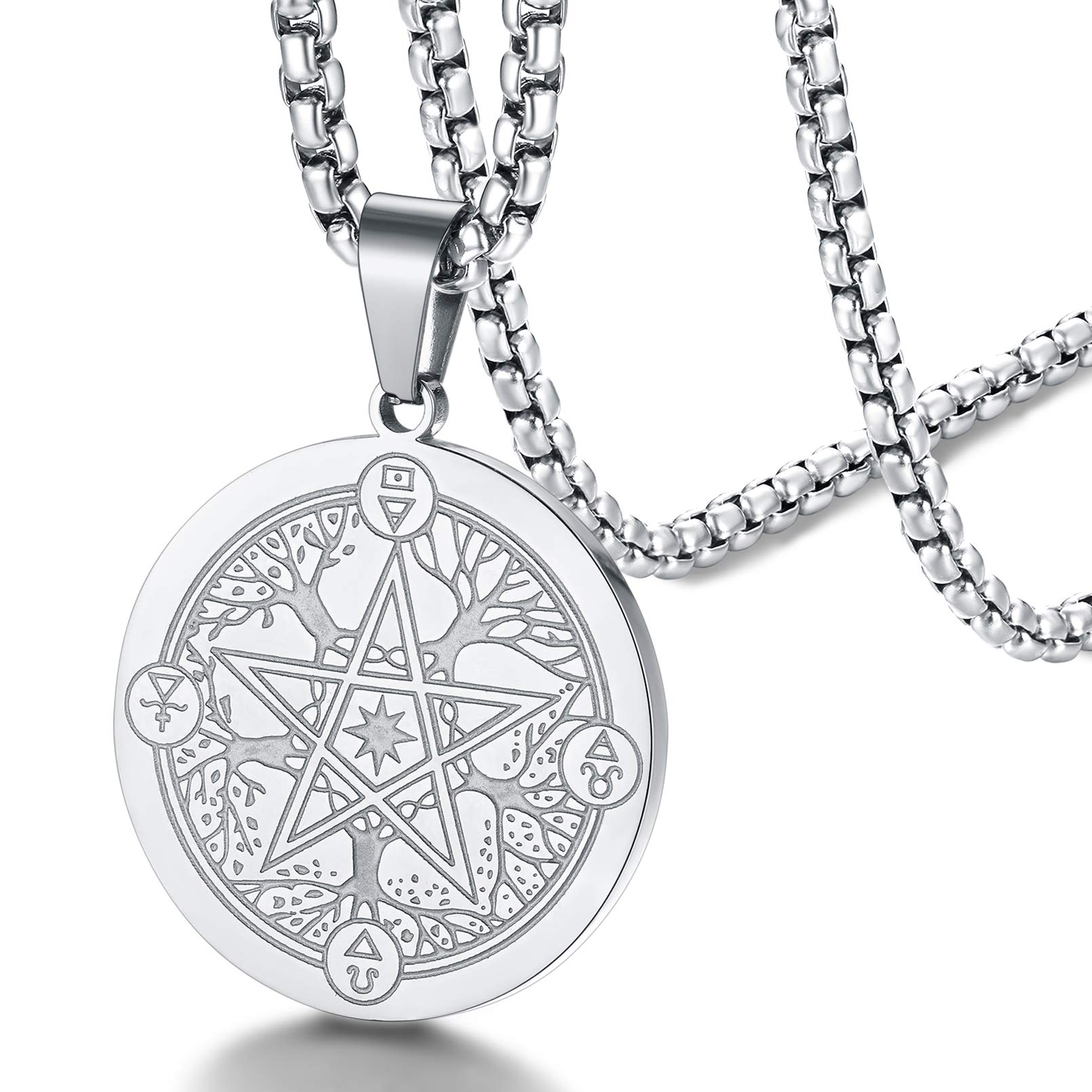 FaithHeart Teen Girls' Pentacle Necklace Elemental Seasons Jewellery Stainless Steel Wicca Pendant Witch Jewelry Charm - Silver Spiritual Gift for Mothers Day