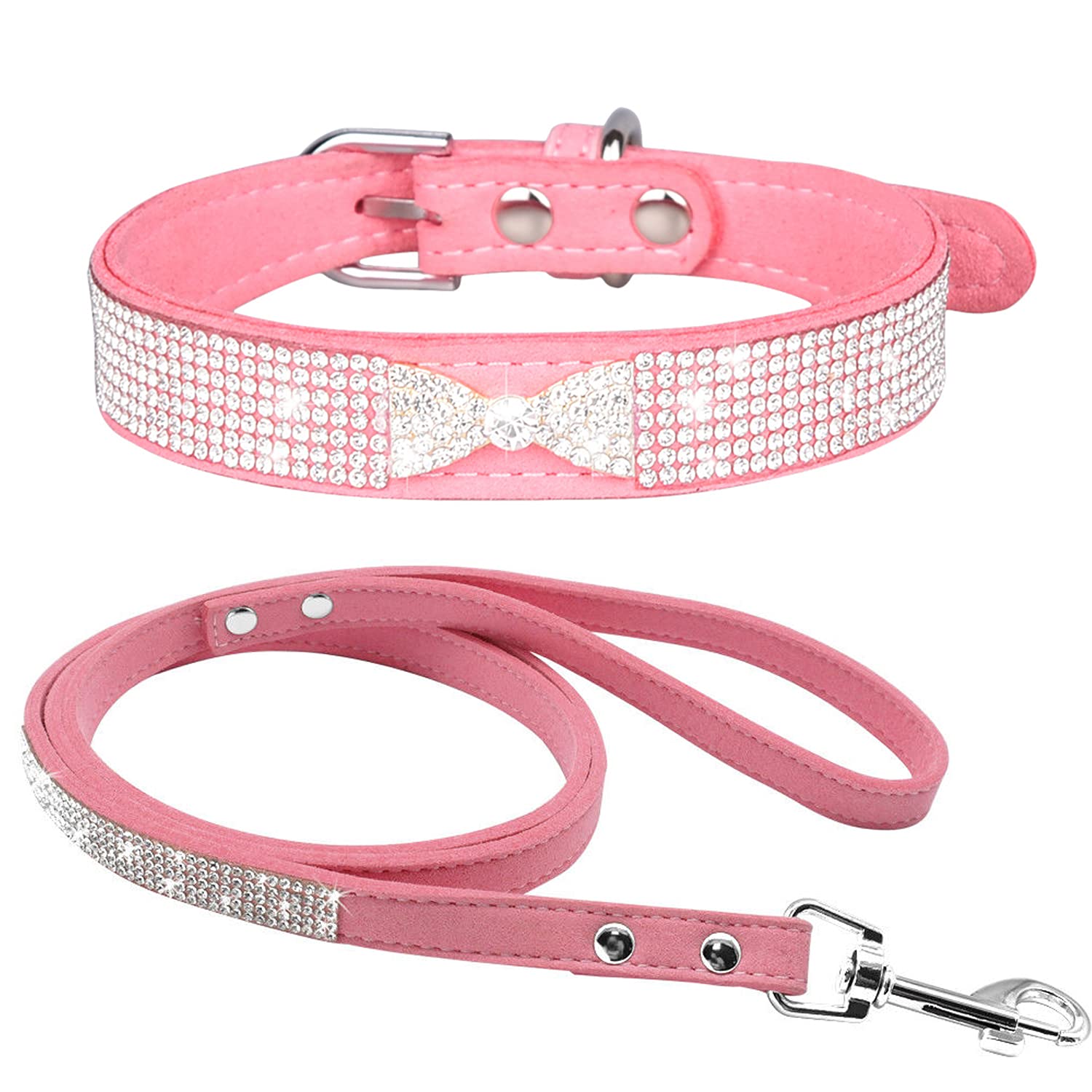 haoyueer Rhinestone Dog Collar, Cute Dazzling Sparkling Soft Suede Leather Dog Cat Rhinestone Collar Leash Crystal Diamond Pet Dog Puppy Collar (XS, Pink-3)